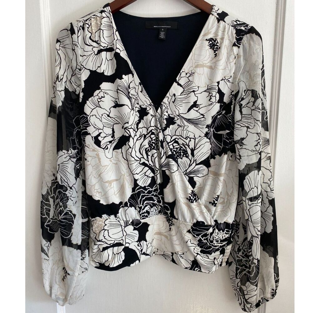 White House Black Market Floral Surplice Blouse Women's Size S